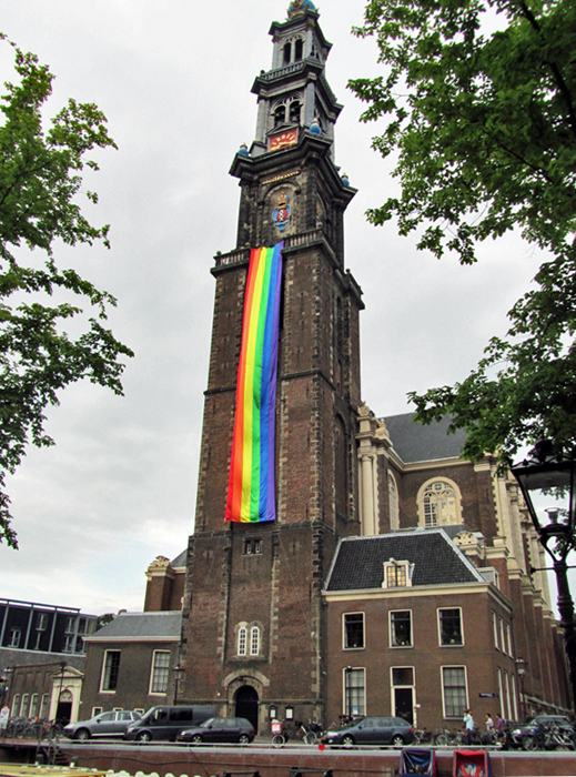 The Westertoren in Amsterdam decorated with a huge rainbow flag during the Amsterdam Gay Pride of 2012