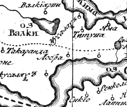 Деревня Лобра на русской карте 1745 года