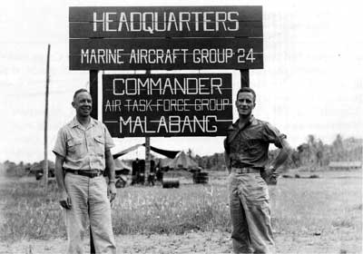 Col Warren E. Sweetser, Jr., left, commanded MAG-24 in June 1945. His executive officer, LtCol John H. Earle, Jr., is on the right