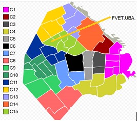 Mapa de las comunas en la Ciudad de Buenos Aires con indicación de la FVET. UBA.