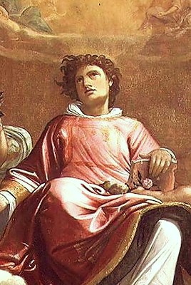 Saint Stephen, one of the first seven deacons in the Christian Church,  holding a Gospel Book in a 1601 painting by Giacomo Cavedone.