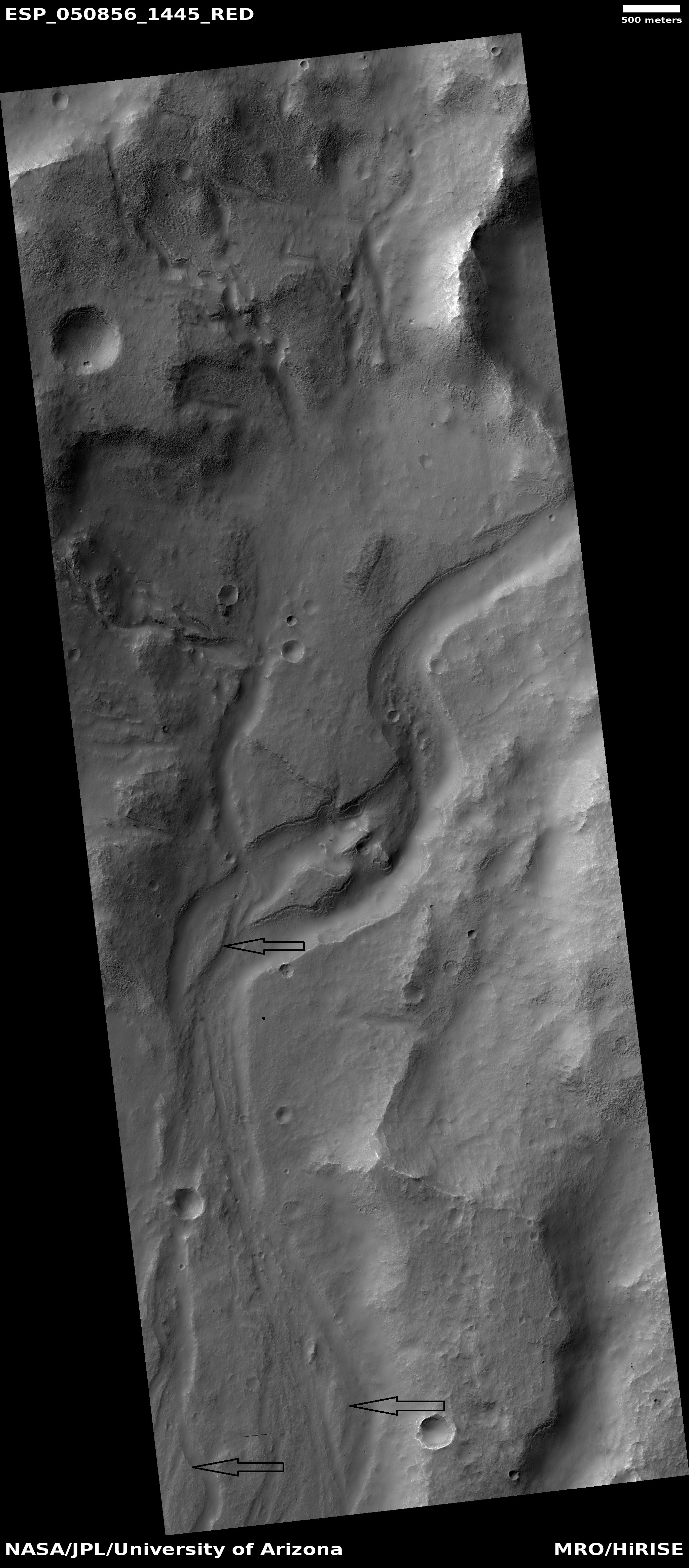 Channel, as seen by HiRISE under HiWish program Streamlined shapes are indicated with arrows.