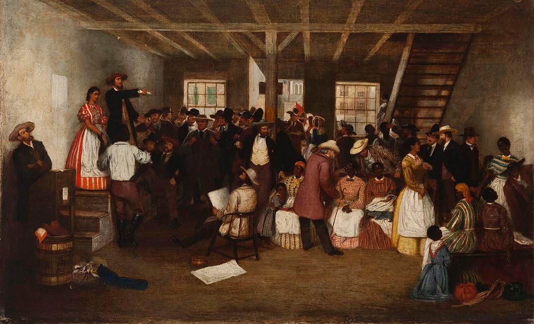 A Civil War-era 1862 painting depicting a slave auction in Richmond's slave market.