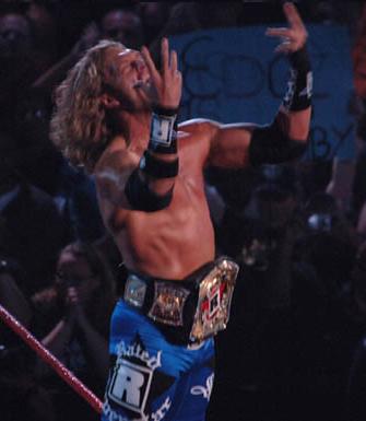 Edge, pictured with his custom "Rated-R" Spinner belt, at Unforgiven during his second WWE Championship reign