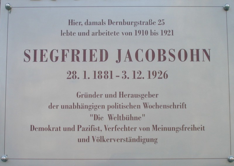 Plaque commémorative en hommage à Siegfried Jacobsohn