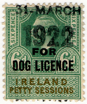 6d Dog Licence Registration stamp (overprinted on a Petty Sessions key type depicting George V), used in 1922 Ireland Dog Licence 1922.jpg