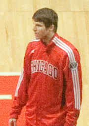 Korver warming up before a 2011 playoff game Kyle Korver Bulls.jpg