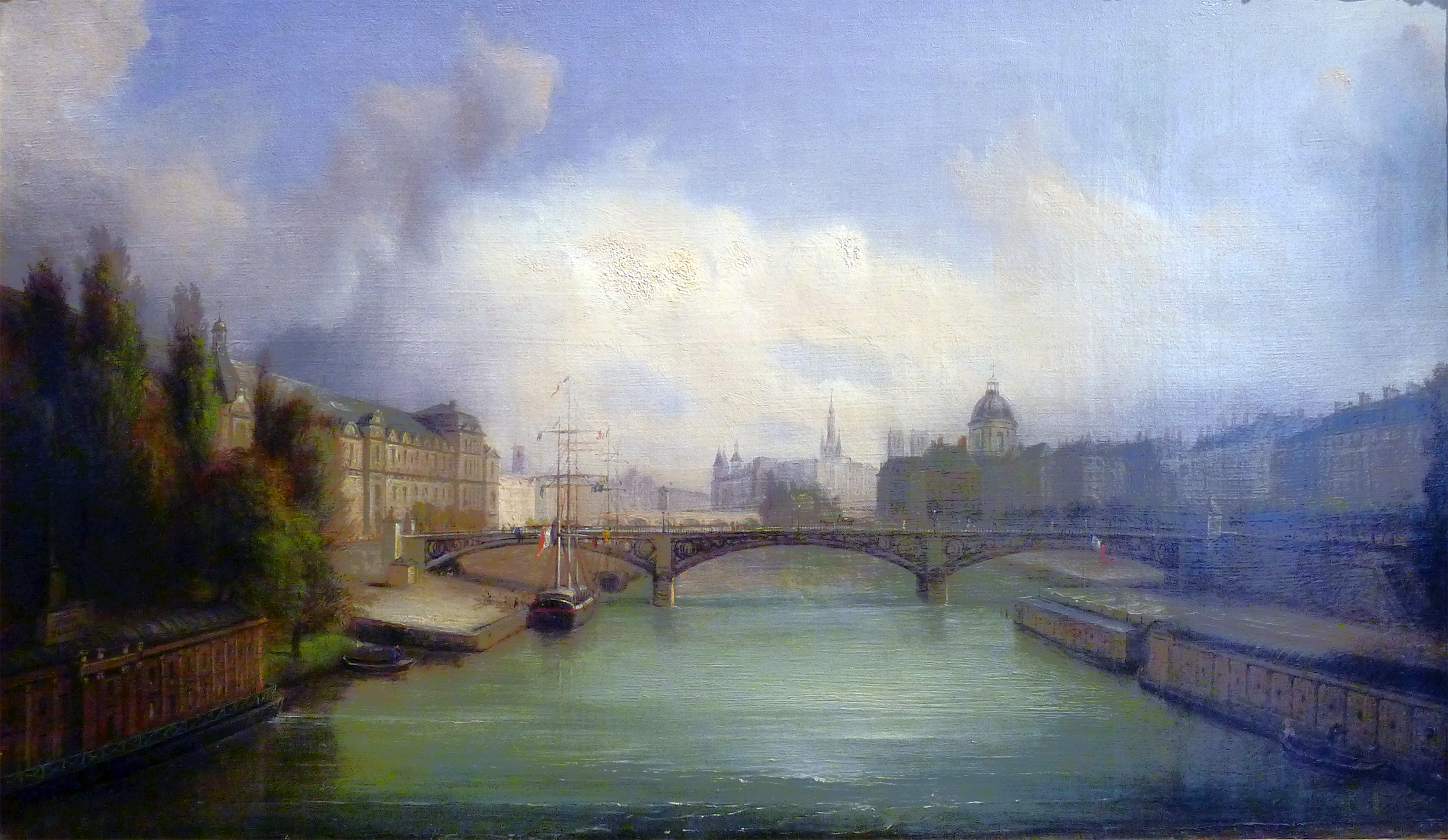 Картина низкого. Pont des Arts пересекает улицу quai du Louvre на правом берегу Сены. Bodin Pont Louvre 1956 Painting.