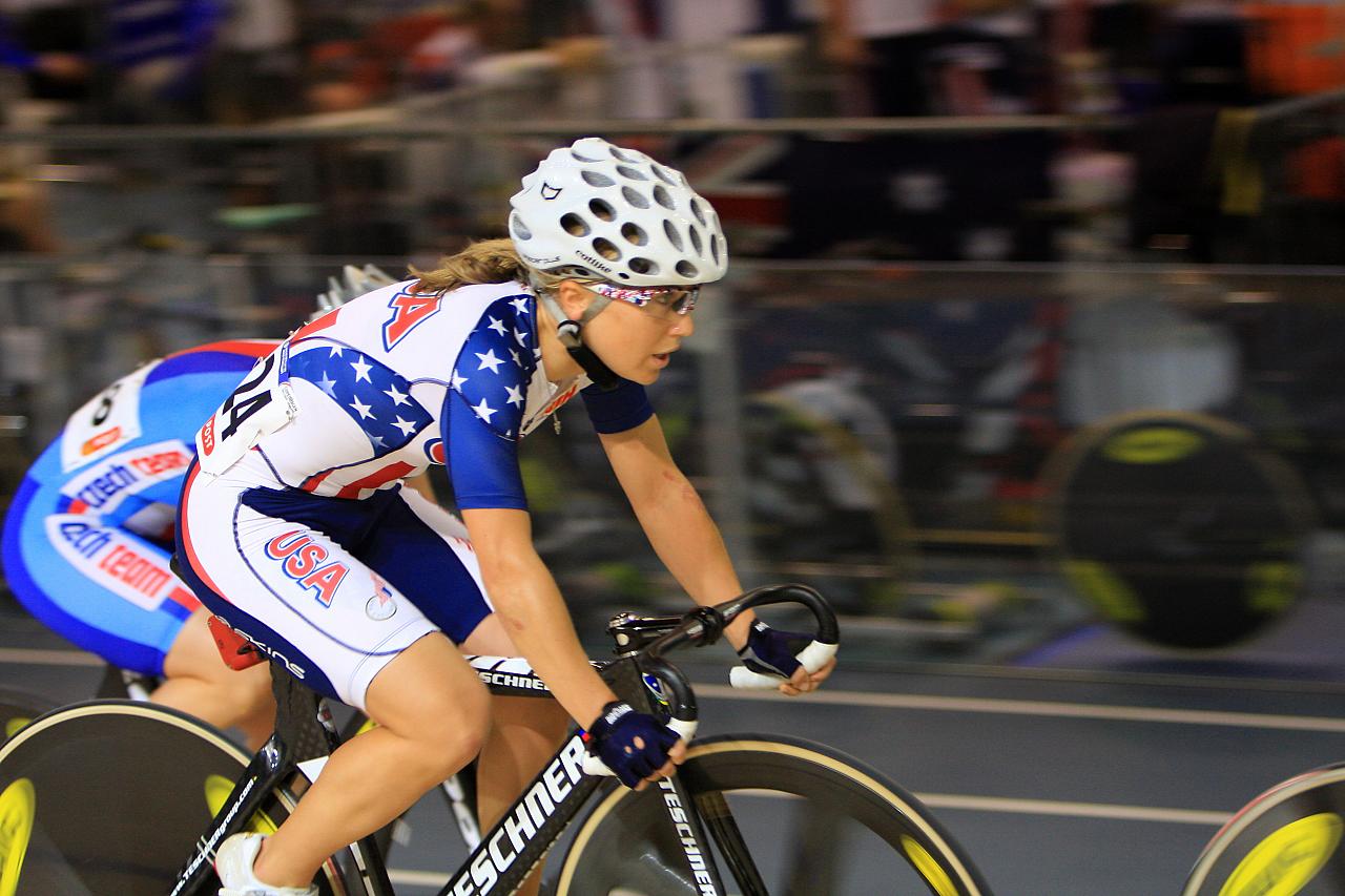 Olds during the [[2010 UCI Track Cycling World Championships – Women's points race|points race]] at the [[2010 UCI Track Cycling World Championships]]