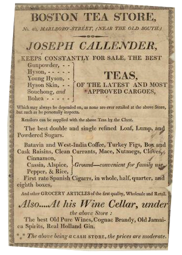 Advertisement of a Boston tea shop in 1811 listing teas for sale