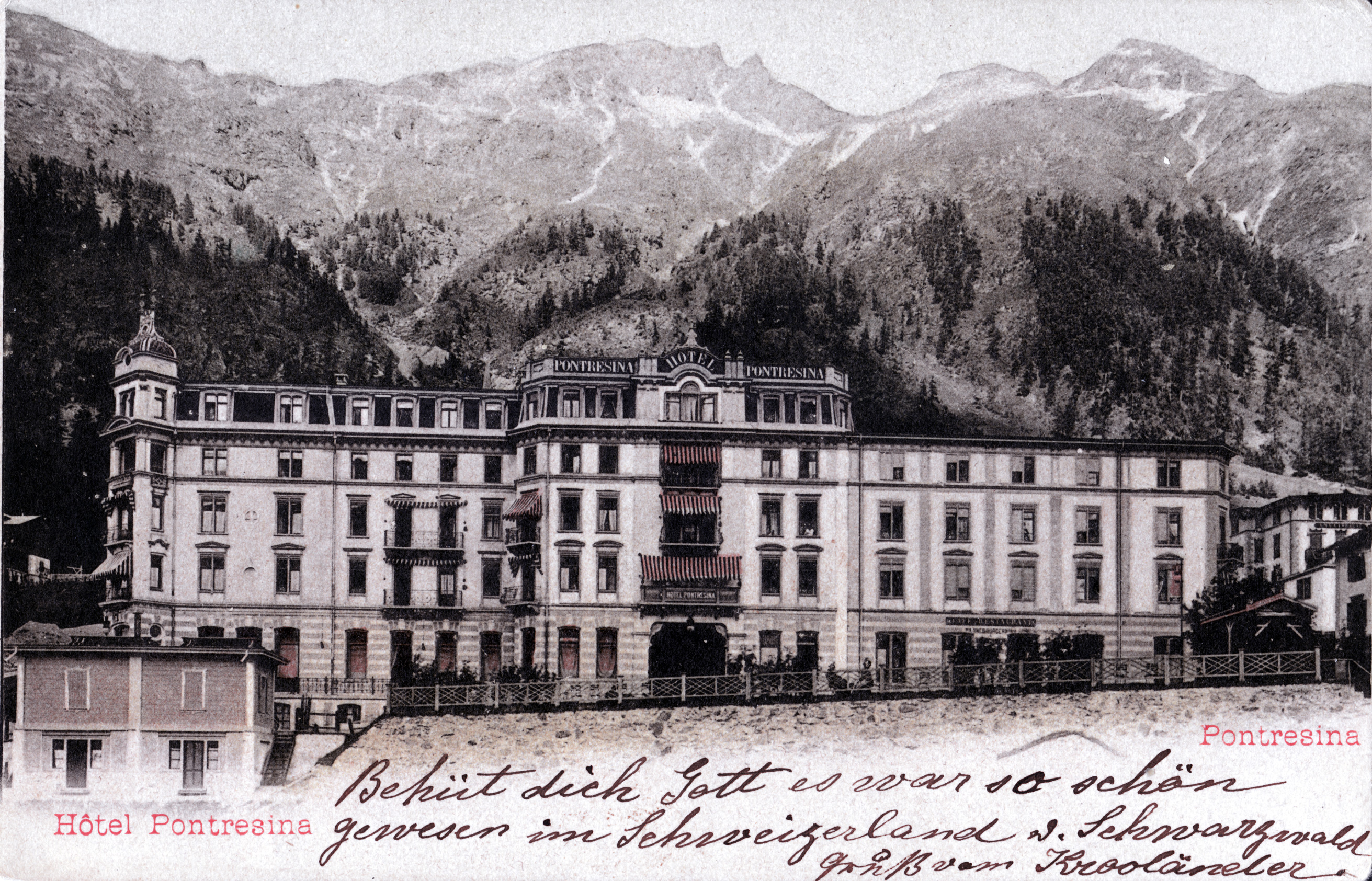 Hotel ''Pontresina'', Pontresina. Rechts der Bau von 1881, links die Erweiterung von 1895