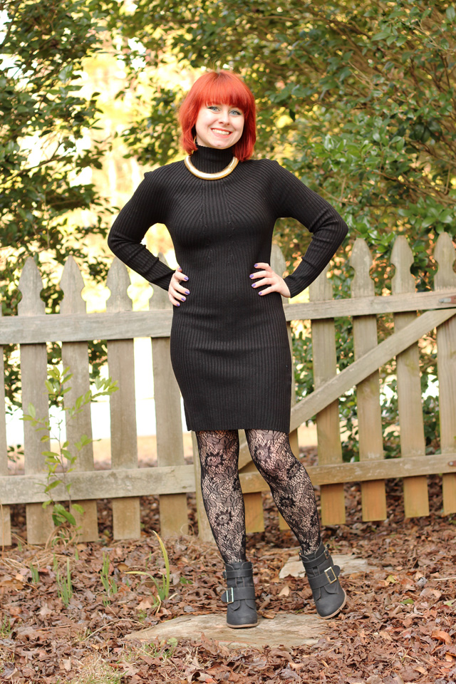 sweater dress with boots and tights