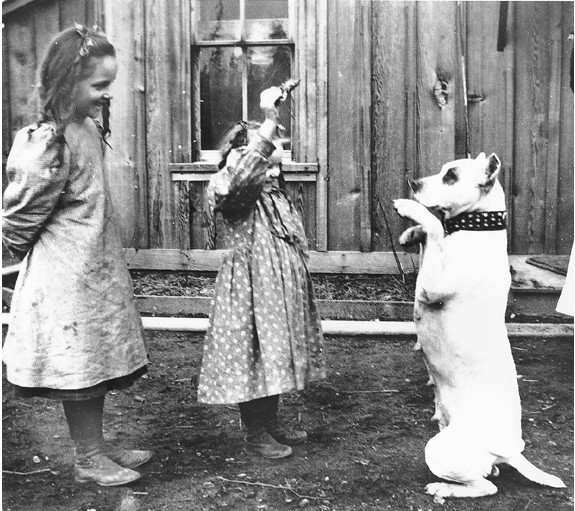 File:Laura and Miriam Kiehl playing with a neighbors dog outside of their residence, Fort Lawton, Washington, February 20, 1899 (KIEHL 88).jpeg