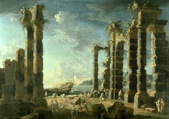 File:'Port of Ostia in Calm Weather', oil on canvas painting by Leonardo Cocorante, 1740s, Lowe Art Museum.jpg