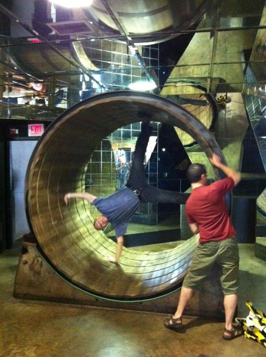 Brian Dunning in the giant hamster wheel at the College of Curiosity in 2012, City Museum, St. Louis MO