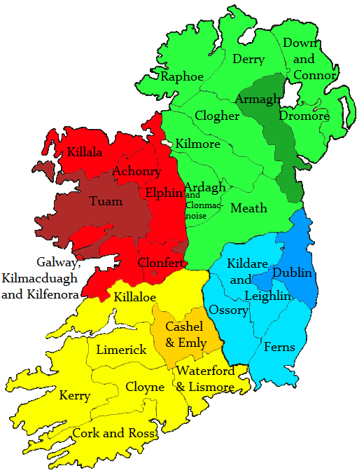 Catholic Dioceses in the island of Ireland. The colours indicate the ecclesiastical provinces, and the dark areas are archdioceses.