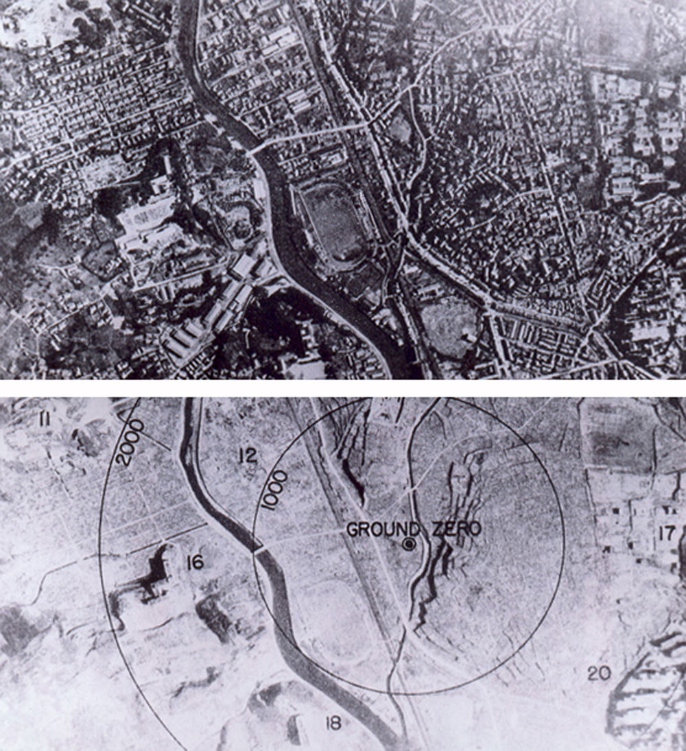 Luchtfoto van Nagasaki, voor en na de aanval.