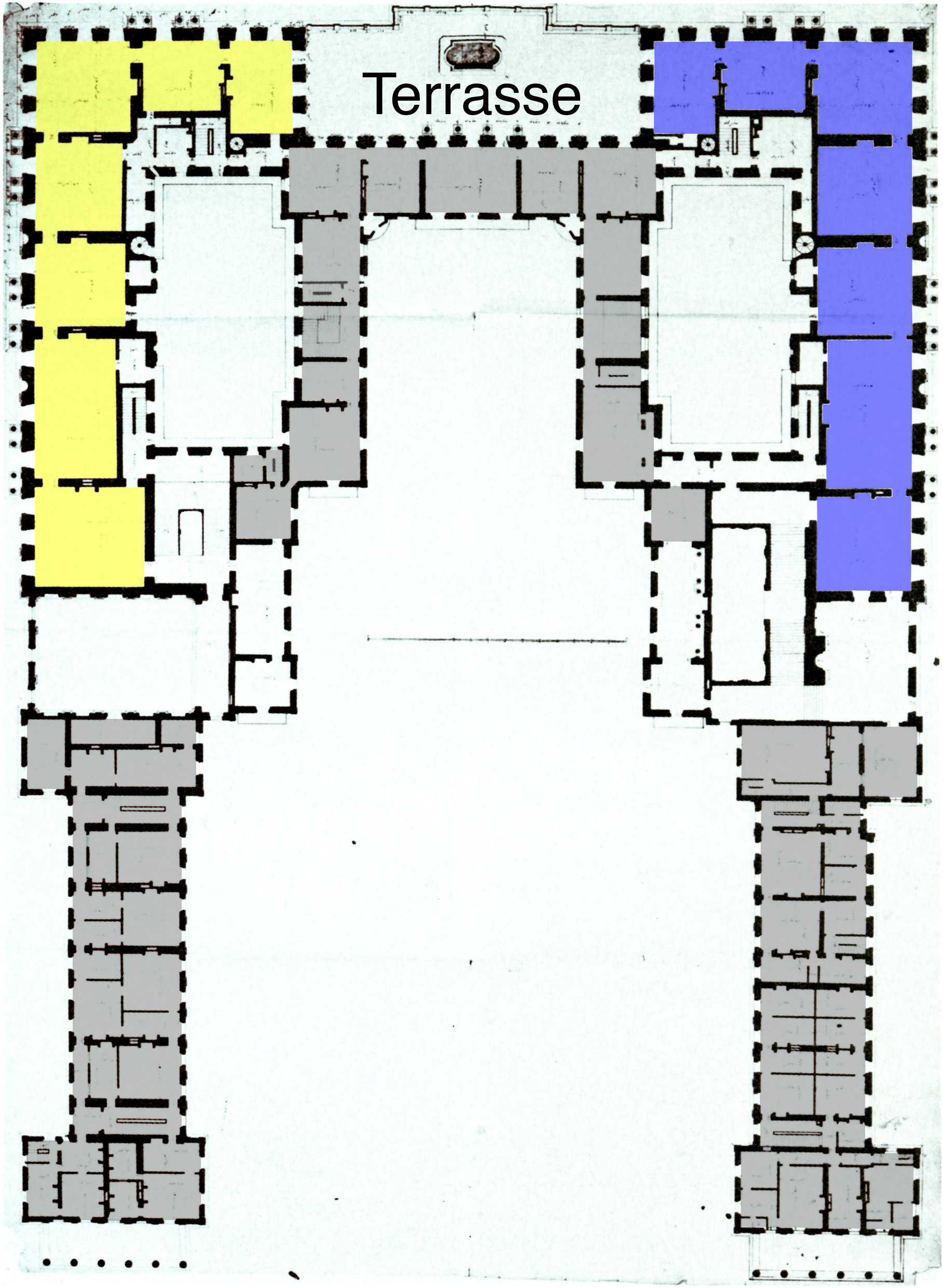 File Versailles Plan Of Premier Etage Of Enveloppe Berger 1985 Fig12 King S Apartment In Blue Queen S Apartment In Yellow Jpg Wikipedia