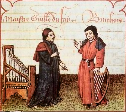 Du Fay (left) beside a [[portative organ