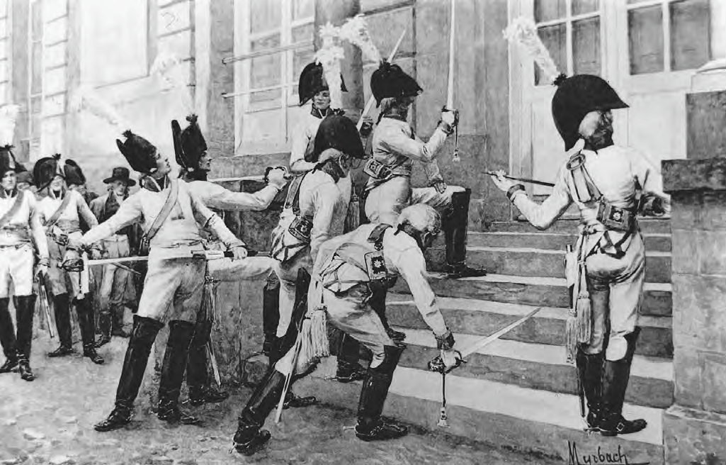 Rivalstvo između Francuske i Nemačke postoji koliko i ove dvije države; ovde oficiri pruske Gardes du Corps, u želji da izazovu rat, oštre mačeve na stepeništu francuske ambasade u Berlinu, jeseni 1806. godine.