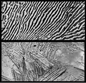 Photomicrographs of steel. Top photo: Annealed (slowly cooled) steel forms a heterogeneous, lamellar microstructure called pearlite, consisting of the phases cementite (light) and ferrite (dark). Bottom photo: Quenched (quickly cooled) steel forms a single phase called martensite, in which the carbon remains trapped within the crystals, creating internal stresses