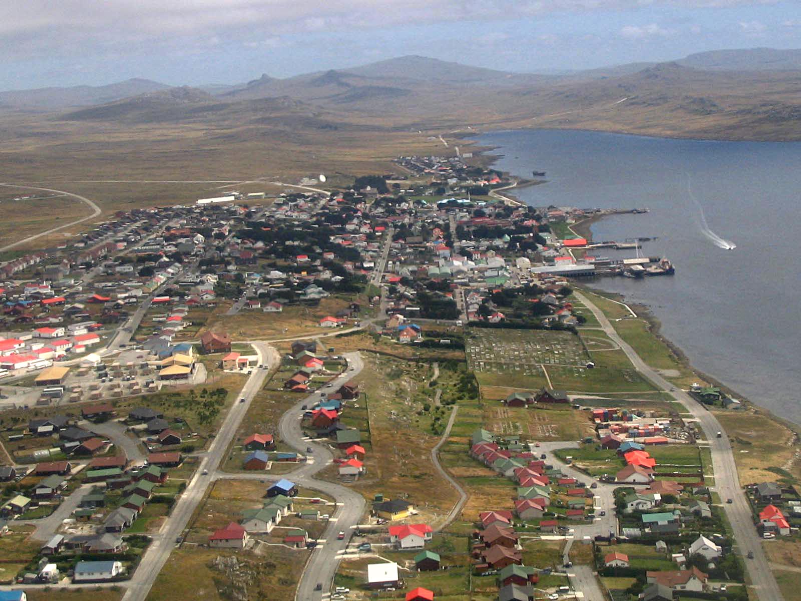 Vista aérea de Porto Stanley, Ilhas Malvinas