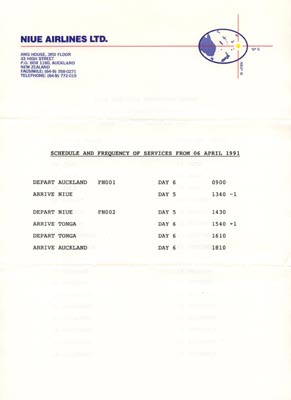 Niue Airline timetable, 6 April 1991