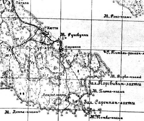 Деревня Сааренпяа (Саренпя) на советской карте 1940 года.