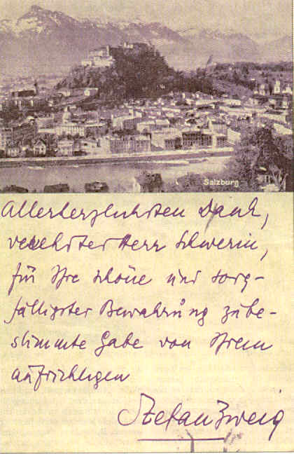 Postal de Stefan Zweig adicada o 24 de febreiro de 1927.