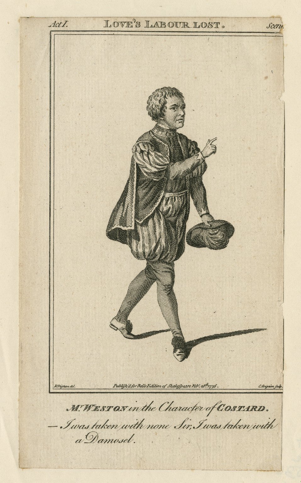 1776 print by Charles Grignion of Thomas Weston playing Costard