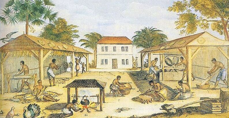 A 1670 illustration of African slaves working in 17th-century colonial Virginia in British America