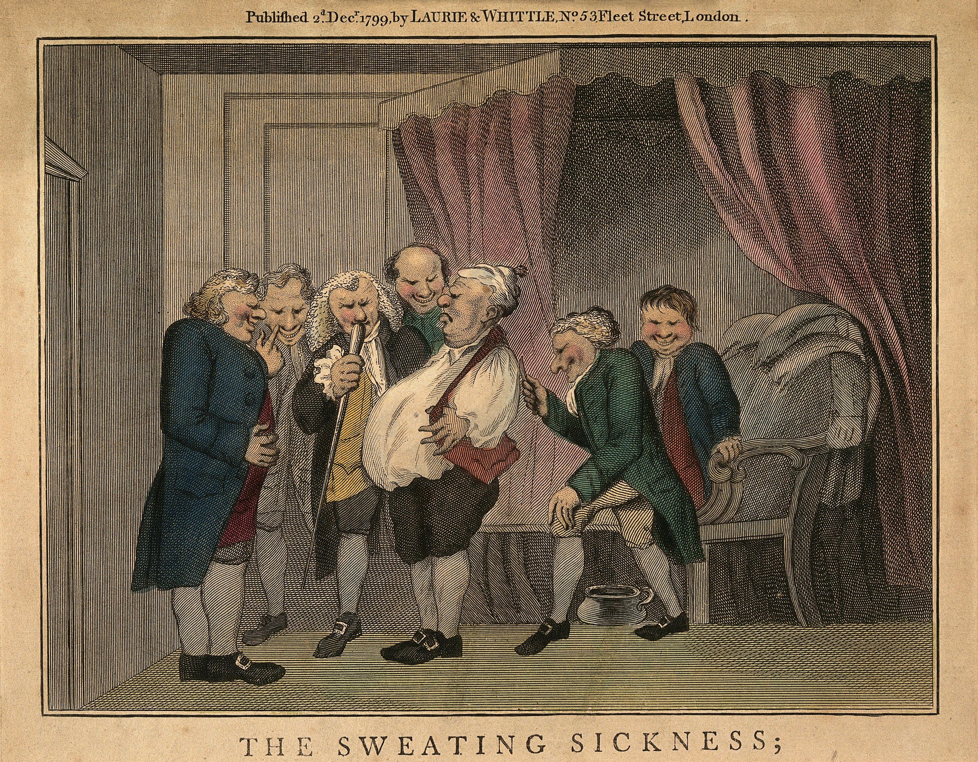 “Tom Ruby being tricked by six friends into thinking he is suffering from the ‘sweating sickness’, thereby missing his feast. His companions put butter in the crown of his hat, and when it melts on the way to the dinner,”Says one, I do remember well/(I think it is in Stowe)/a case like this; a dreadful scourge,/three hundred years ago:/ the sweating sickness it was called,/And if I read aright,/Whoever was attacked at morn/Was sure to die that night!” Later they take in his waistcoat by five inches to make him think he has swelled with wind, then let it out again” Created 1799. This is what entertainment was like before the internet – both the deed itself and its laborous memorialization in print.