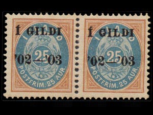 File:Forged stamp Iceland 25 Aur with black I GILDI overprint.jpg