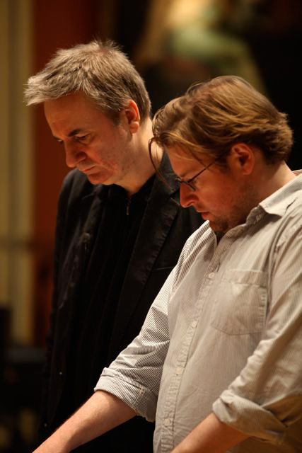 Paul Morley (left) with Chris Austin, in rehearsal for Morley's "Yet another example of the porousness of certain borders" at the Royal Academy of Music