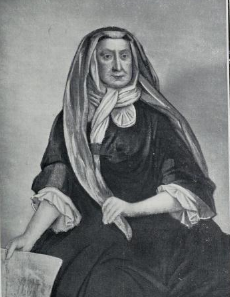 Black and white drawing of Grizell Steevens, an older white woman wearing a long white head covering and scarf and a black dress. 