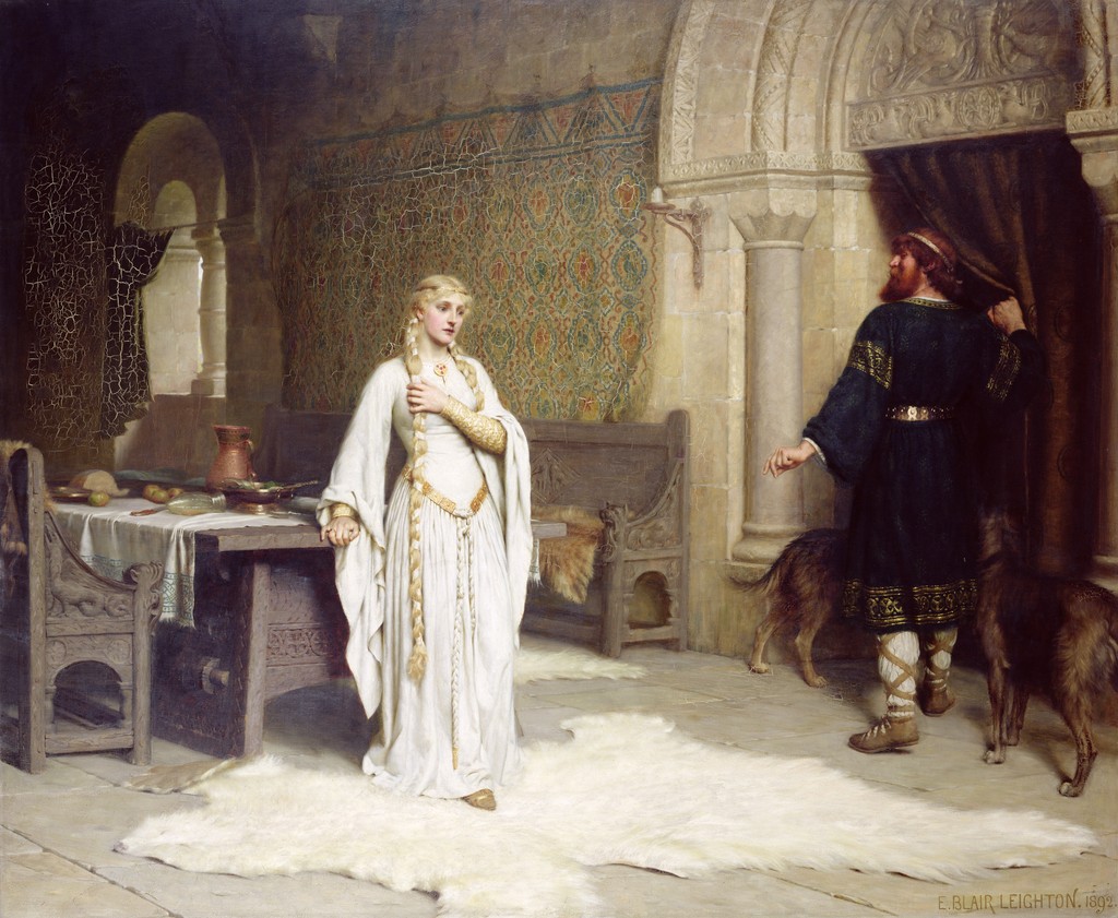 An image of a clothed Lady Godiva by Edmund Leighton.