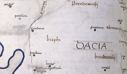 Biephi on Dacia's map from a medieval book made after Ptolemy's Geographia (ca. 140 AD). Ptolemy Geographia - Dacia - Central Section.jpg