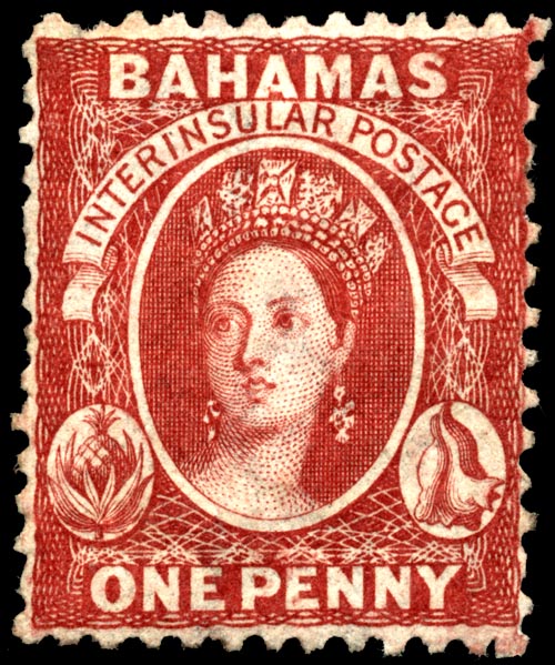  An 1863 stamp of the Bahamas incorporating the Chalon head.