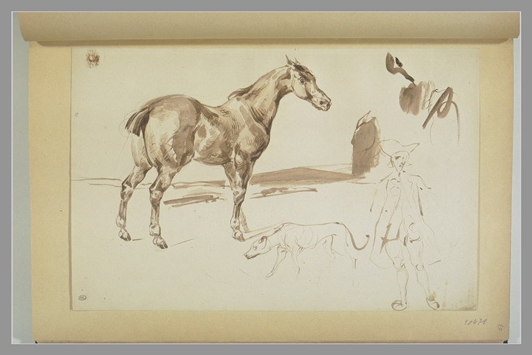 File:Delacroix - Cheval tourné vers la droite et valet en costume XVIIIè s avec un chien, RF 10478, Recto.jpg