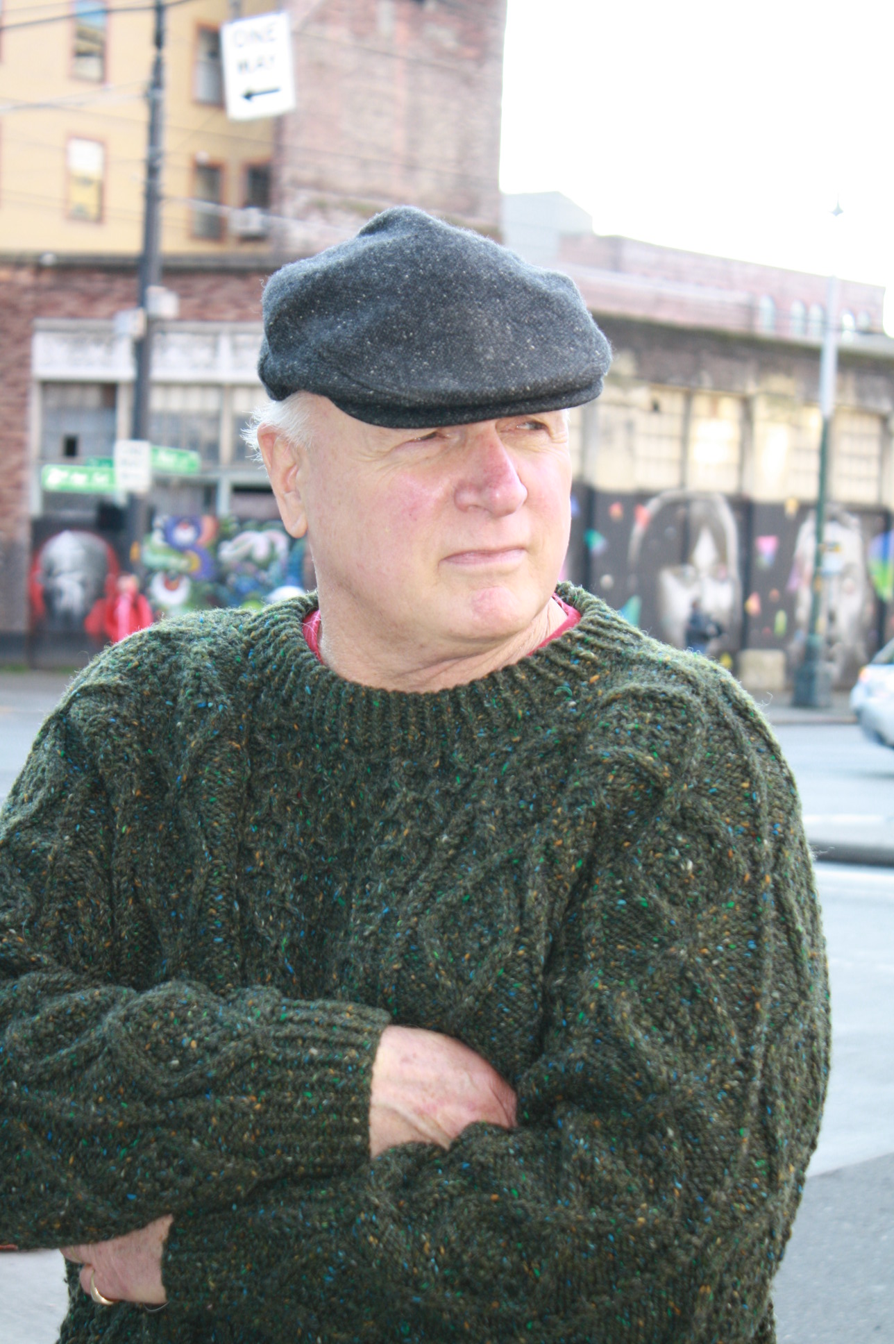 Angell in front of Foster/White Gallery in historic Pioneer Square Seattle