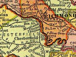 In this 1895 map, Drewry's Bluff is shown as a stop on the Richmond and Petersburg Railroad.
