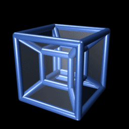 animation showing what looks like a smaller inner cube with corners connected to those of a larger outer cube; the smaller cube passes through one face of the larger cube and becomes larger as the larger cube becomes smaller; eventually the smaller and larger cubes have switched positions and the animation repeats