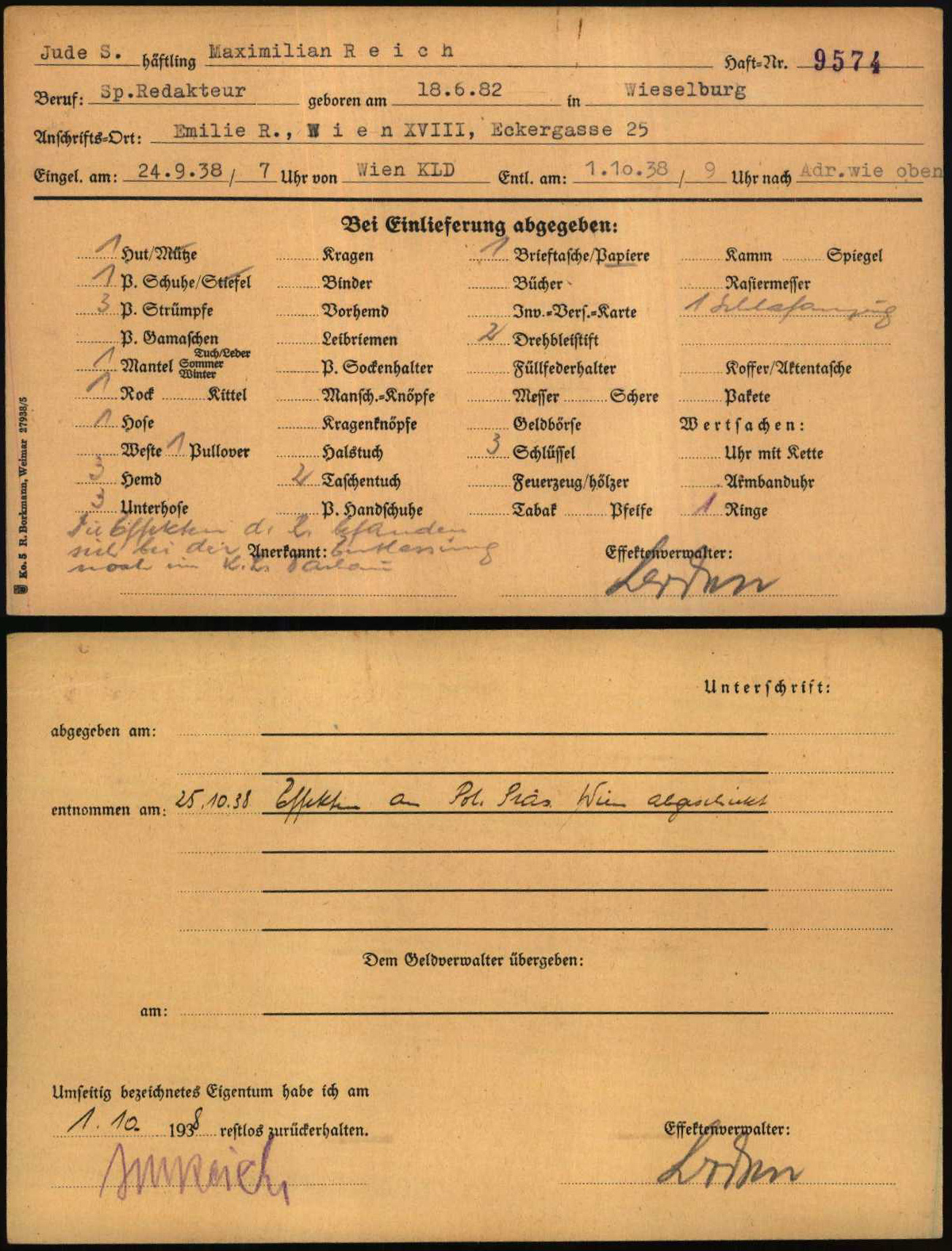 Liste des Eigentums von Maximilian Reich als Gefangener im nationalsozialistischen Konzentrationslager Buchenwald