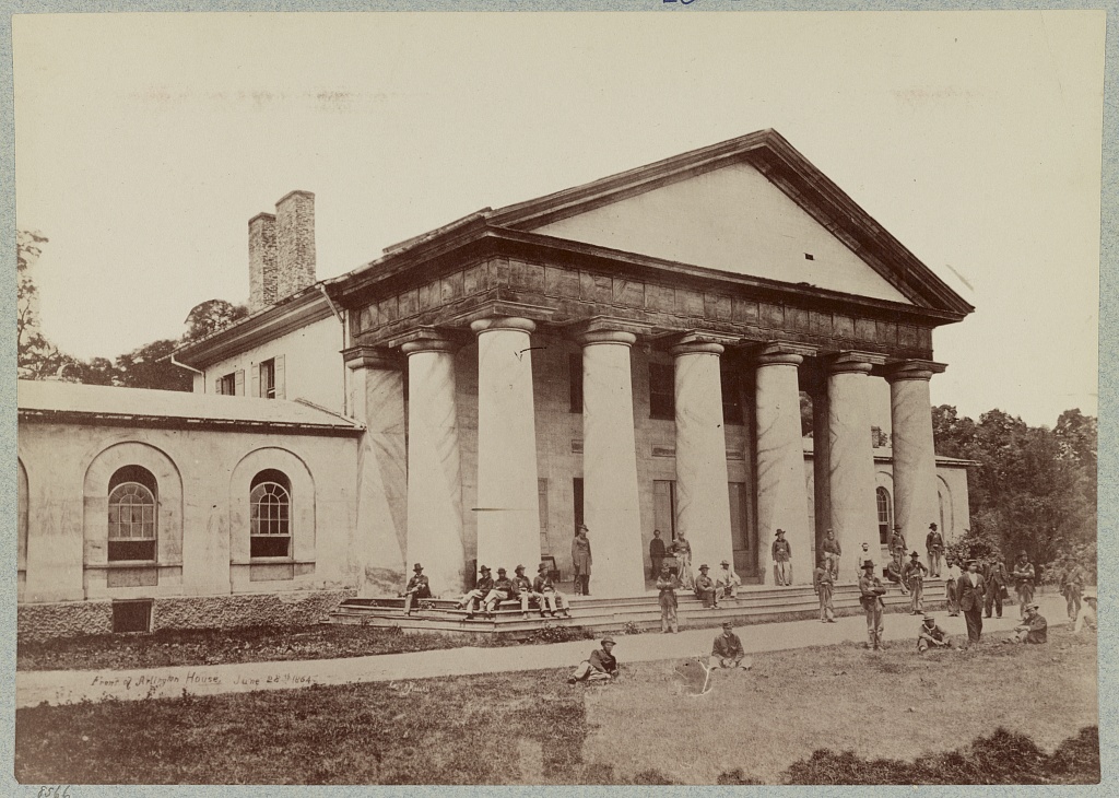 The Arlington Mansion, when it was known as Custis-Lee Mansion,&nbsp;seen with Union soldiers on its lawn on June 28, 1864