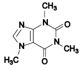 Esquema molecular de la cafeína (se omiten algunos átomos de carbono y de hidrógeno)