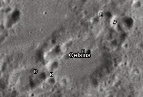 Celsius crater and its satellite craters taken from Earth in 2012 at the University of Hertfordshire's Bayfordbury Observatory with the telescopes Meade LX200 14" and Lumenera Skynyx 2-1 Celsius lunar crater map.jpg