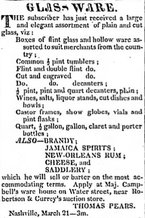 1821 newspaper advertisement Glassware ad Thomas Pears 1821.png