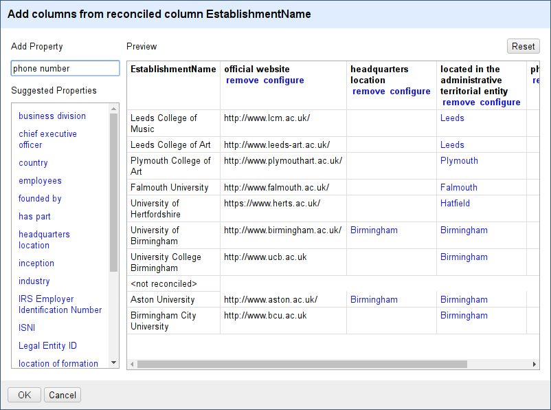 Screenshot of an OpenRefine project as part of a tutorial about Wikidata import. Data extension.