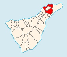 Karta över Teneriffa, med La Laguna markerat i rött. Kommunen Tegueste bildar en enklav helt omgiven av La Laguna.