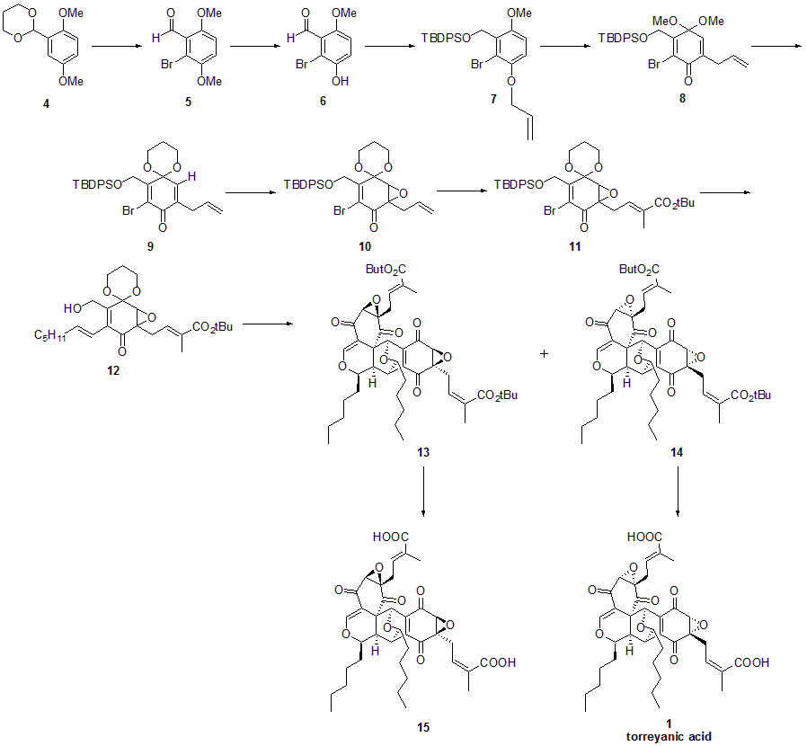 Torreyanic acid.png'nin toplam sentezi